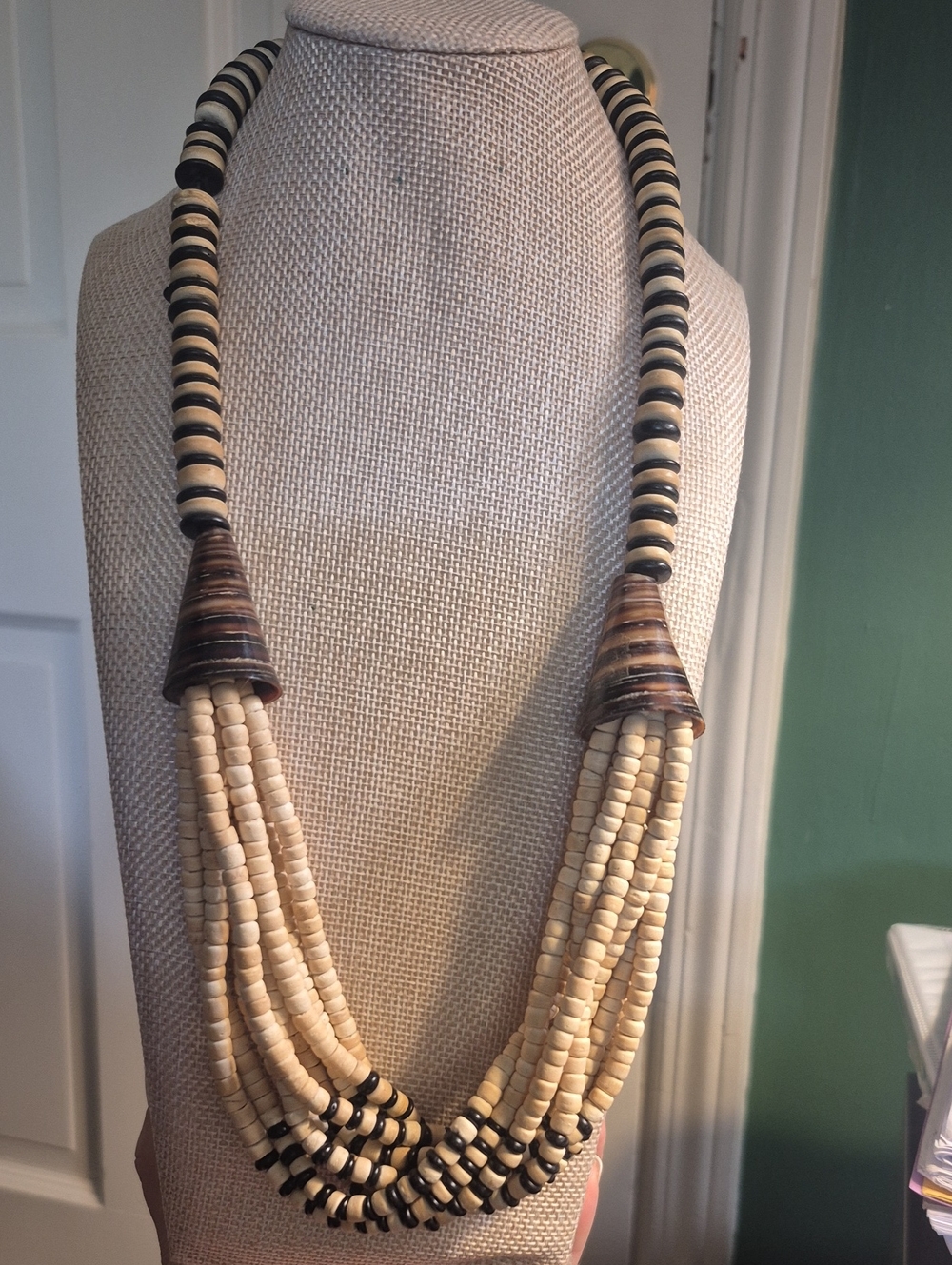 Vintage Wood And Shell Multi-Strand Beaded Necklace